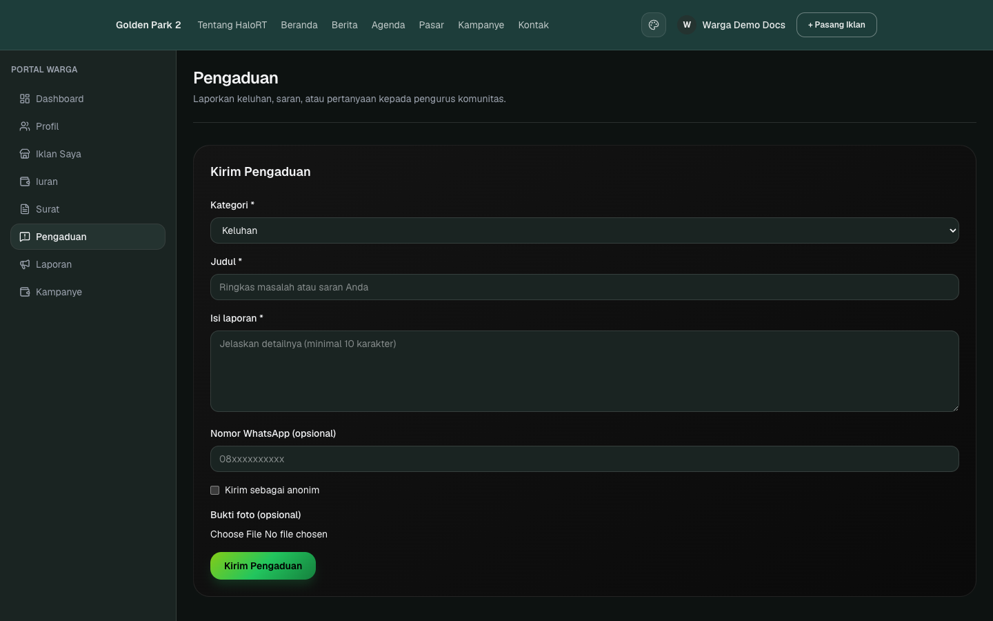 Form pengaduan web